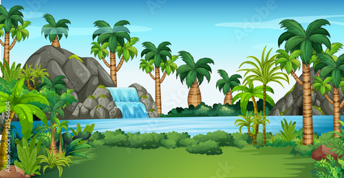 Scene with waterfall and lake