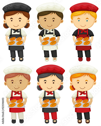 Male and female bakers with baked bread