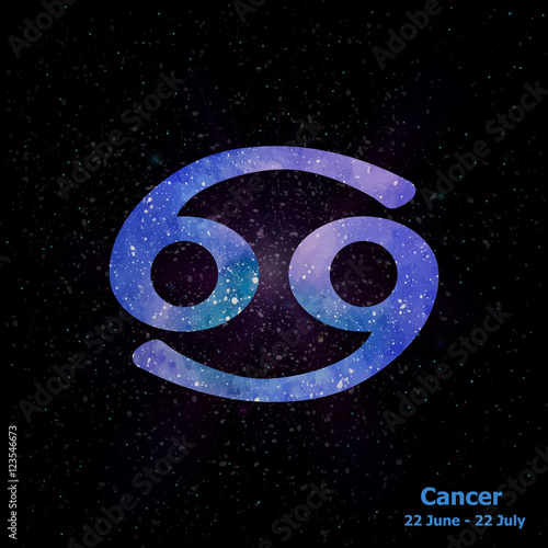Watercolor sign of the zodiac Cancer on star space background.