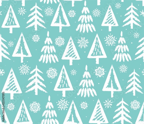 Christmas trees and snowflakes, seamless, blue-green background. Vector, flat pattern with white Christmas trees and snowflakes on a light turquoise background. For the decoration. 