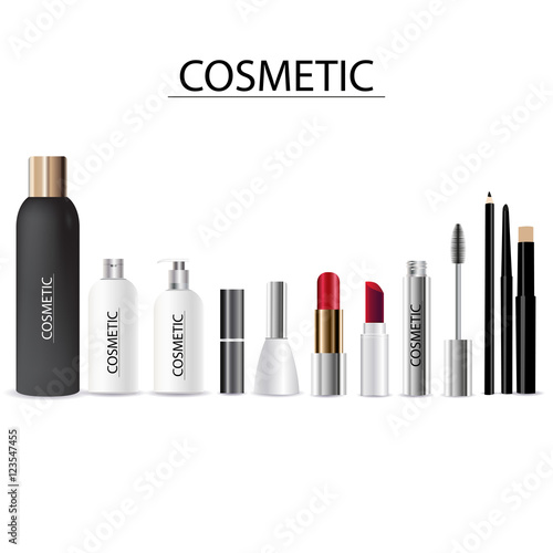 A set of cosmetic packaging on a white background. Bottles and tubes species container of cosmetic accessories. Set for make-up.