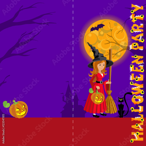 Background for greeting with wich in red, castle, bat, pumpkin and the text Halloween vector concept place your  .