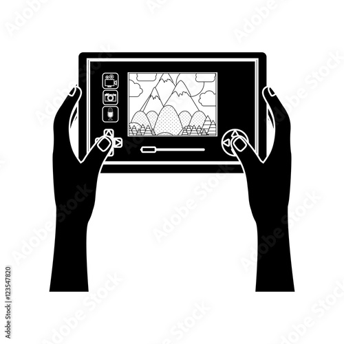 silhouette touch screen for drone camera with hands vector illustration