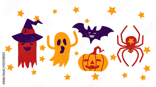 Halloween Card with monsters, ghosts, spider, pumpkin and bat 