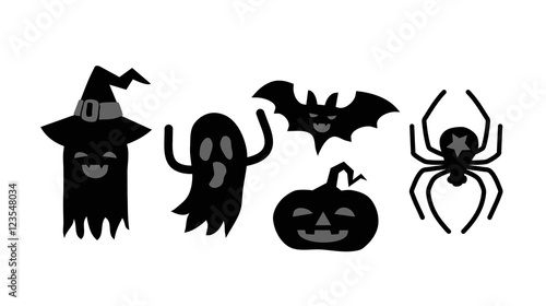 Halloween Card with monsters, ghosts, spider, pumpkin and bat silhouette