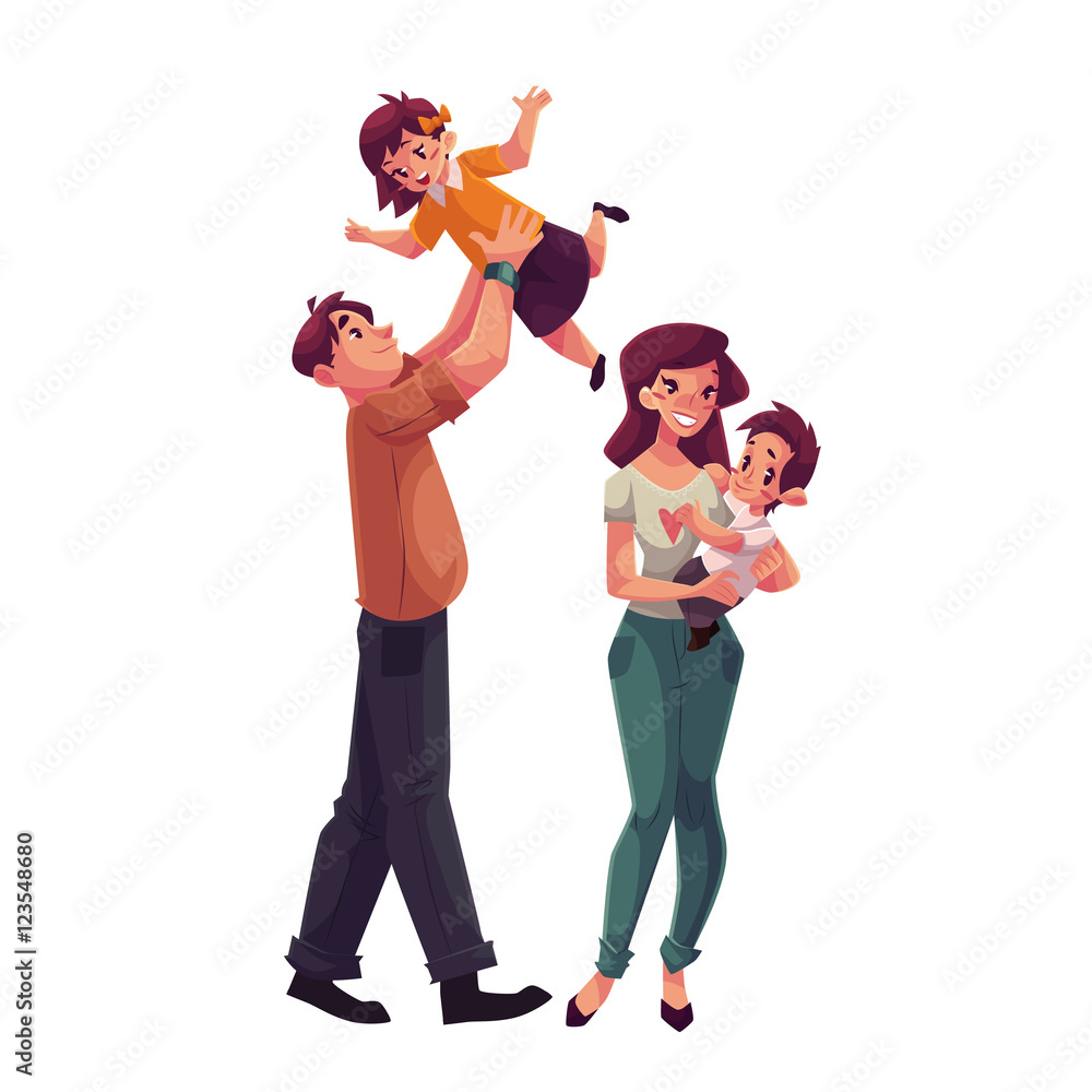 Father, mother, daughter and son, cartoon vector illustrations isolated on  white background. Dad throwing his little daughter up and mom holding  daughter in her hands, happy family concept Stock Vector | Adobe