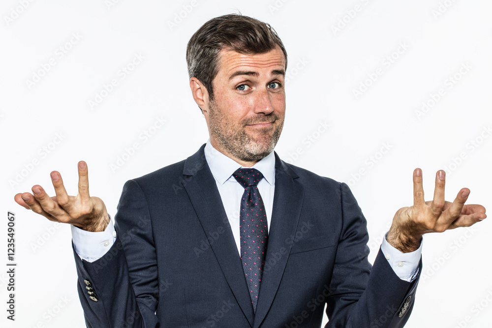happy handsome business man showing hands up for carefree success happy handsome business man showing hands up for carefree success