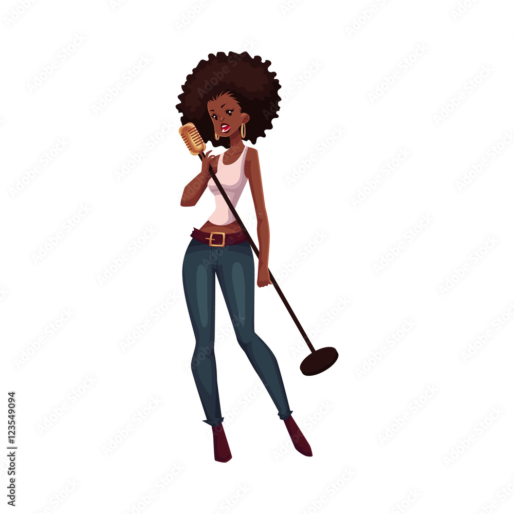 Beautiful African American female singer, cartoon vector illustration isolated on white background. Full height portrait of pretty black woman singing and holding a microphone Stock Vector | Adobe Stock Beautiful African American female singer, cartoon vector illustration isolated on white background. Full height portrait of pretty black woman singing and holding a microphone Stock Vector | Adobe Stock