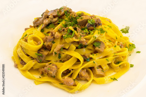 piatto di tagliatelle ai funghi porcini e salsicce photo