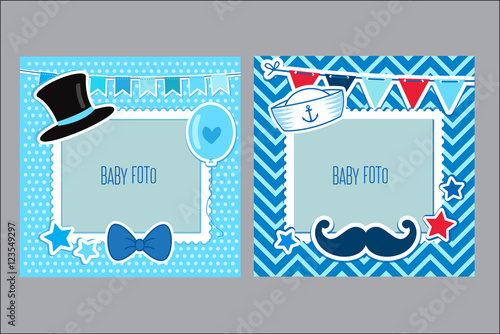 Photo Frames For Kids. Decorative Template For Baby Boy. Scrapbook Vector Illustration. Baby Boy Photo Framework. Photo Frames Collage For Boy. Postcard Frame, Child Album.