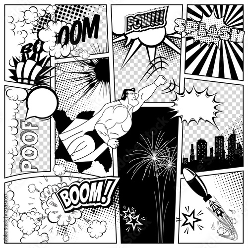 Set of comics speech and explosion bubbles on a book page background. Super hero, rocket, city silhouette firework design elements