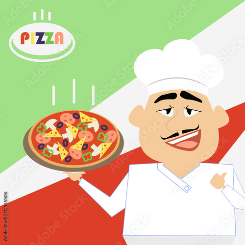 Chef pizza. Cook holds a hot pizza on a tray. Vector comic cartoon