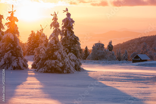 Weiße Winterlandschaft an einem klaren Wintertag im Erzgebirge