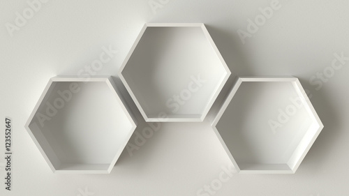 Empty white hexagons shelves on concrete wall background, 3D rendering 