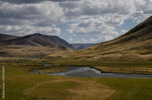 Wildlife Altai. The river, mountains and sky with clouds in summ