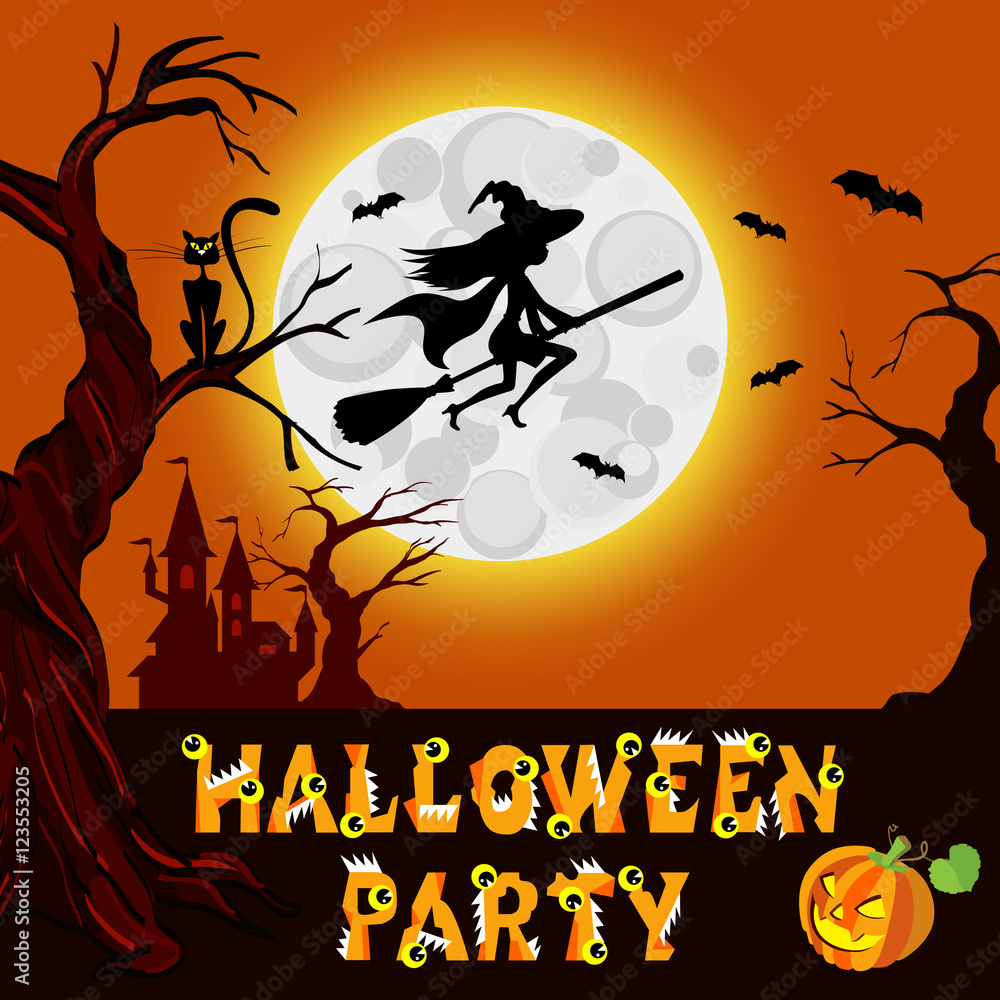 Halloween illustration of mysterious night landscape with witch fly on broom castle and moon. Vector drawing.