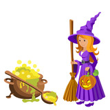 Vector cartoon image of funny witch with red hair purple dress and pointed hat, standing next to a big cauldron potion on white background. Halloween. illustration.