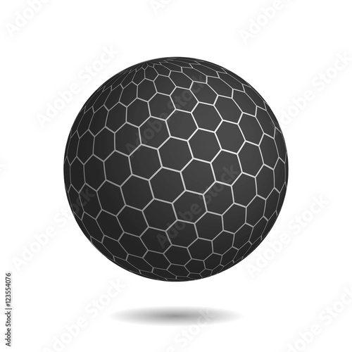 Dark magic sphere with surface of hexagons. Looks like unbreakable and very protected mysterious object. 3D vector illustration with shadow on white background.