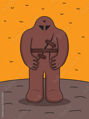 Jewish Golem. Medieval city legend from Prague. Giant clay monster. Vector illustration