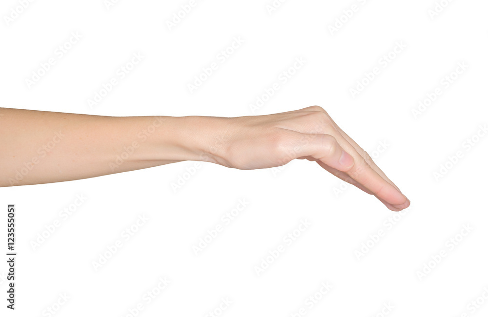 Closeup of female hand pressing. Isolated on white background.