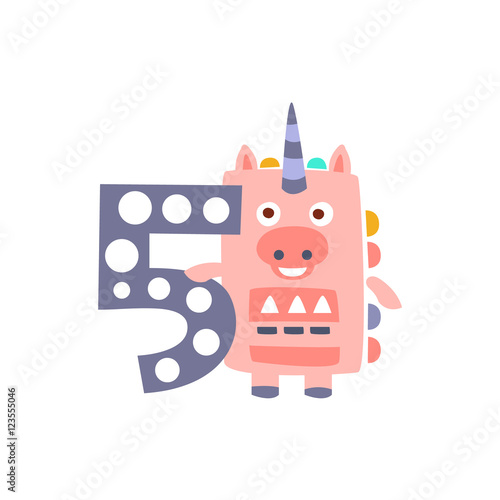 Unicorn Standing Next To Number Five Stylized Funky Animal