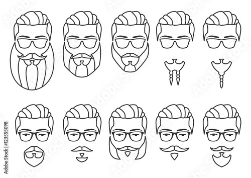 Vector illustration. Set of outline hipster face with mustaches and beards