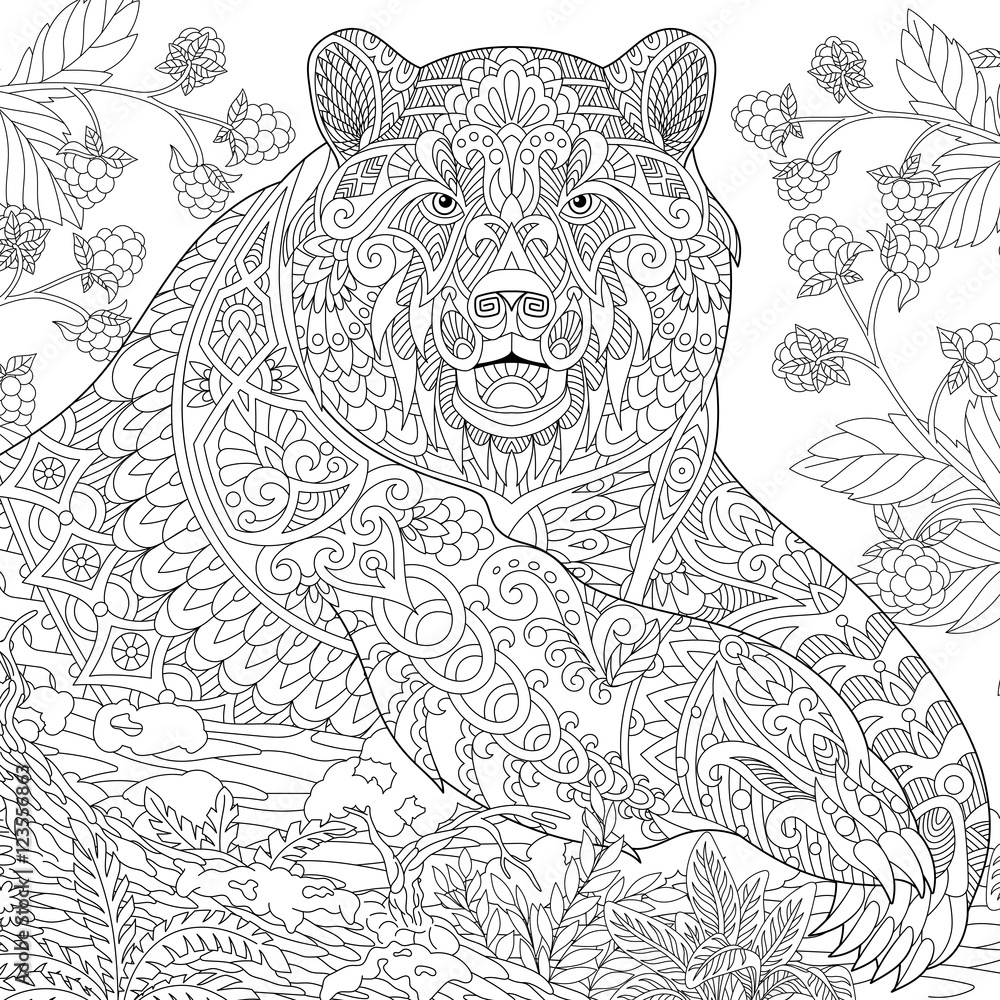 Fototapeta premium Stylized grizzly bear among blackberries or raspberries in woodland. Freehand sketch for adult anti stress coloring book page with doodle and zentangle elements.