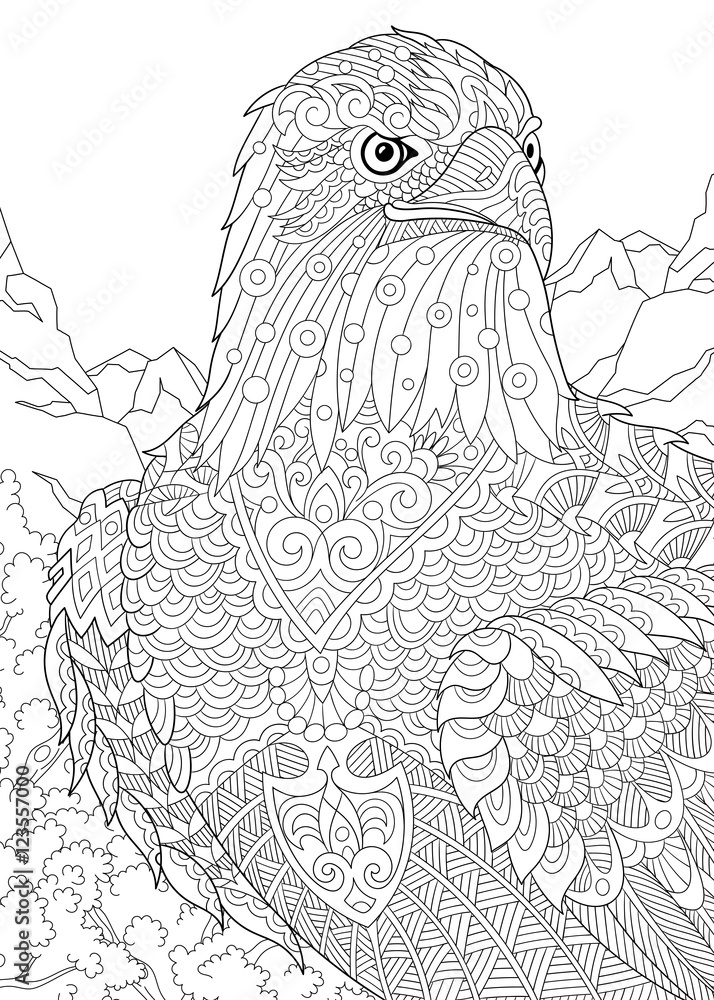 Naklejka premium Stylized eagle (hawk, falcon, osprey) among prairie mountains. Freehand sketch for adult anti stress coloring book page with doodle and zentangle elements.