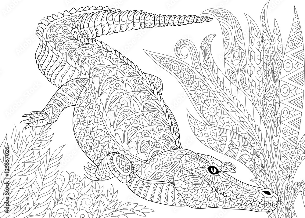 Naklejka premium Stylized cartoon crocodile (alligator), jungle foliage. Freehand sketch for adult anti stress coloring book page with doodle and zentangle elements.