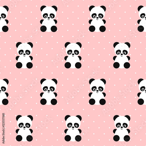 Fototapeta Naklejka Na Ścianę i Meble -  Panda seamless pattern on polka dots pink background. Cute design for print on baby's clothes, textile, wallpaper, fabric. Vector background with smiling baby animal koala. Child style illustration.