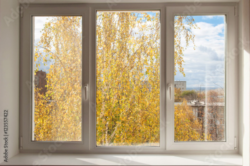New white window overlook autumn yellow trees photo