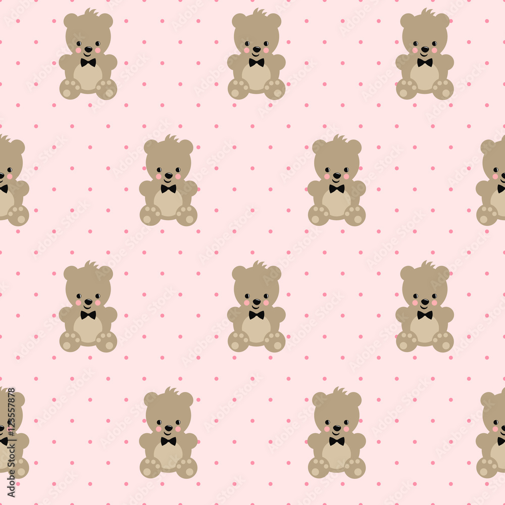 Teddy Bear seamless pattern on pink polka dots background. Cute vector with  baby bear. Design for print on baby's clothes, textile, baby shower,  wallpaper, fabric. Stock Vector | Adobe Stock