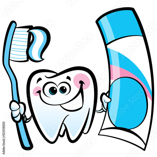 Happy cartoon molar tooth character holding dental toothbrush an