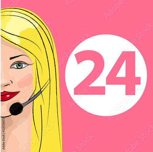 Round-the-clock telephone support. Woman dispatcher. Vector illustration