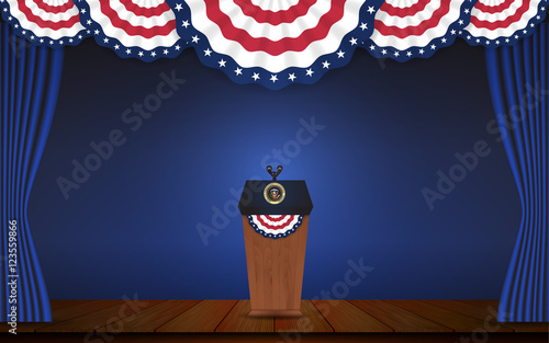 USA President podium on stage with semi-circle decorative flag on top. Open curtain stage with blue background scene. Vector illustration