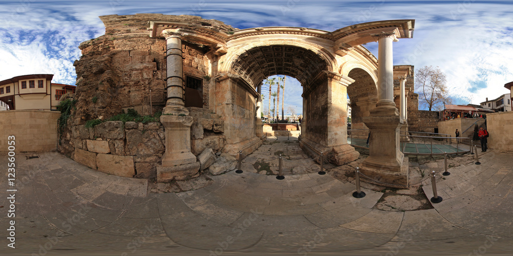 Fototapeta premium 360 degree spherical panorama from Turkey, Antalya. Hadrian's Gate in old city. The ancient building in the historic center of the city.