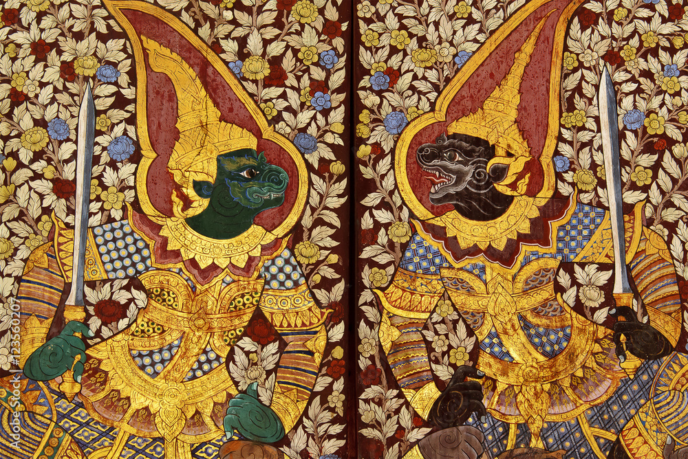Obraz premium public painting Thailand art ramayana literature on the door in