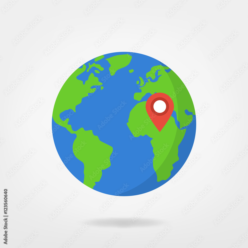 Africa - location pin on world illustration. world map / globe with red ...