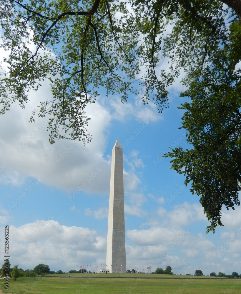The Washington Monument obelisk landmark against a cloudy sky on the National Mall in Washington DC, USA.
