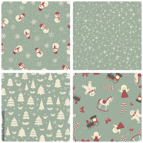 Set vier Muster nahtlos zu Weihnachten und Winter auf blauem Hintergrund