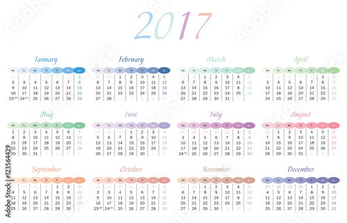 Calendar for 2017 in English