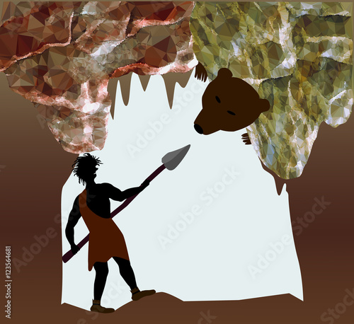 Silhouette of caveman fighting with a bear. Man with spear in a cave of crystals and stalactites. Fight with a cave bear