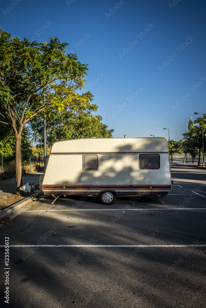 RV camper in a parking around Barcelona