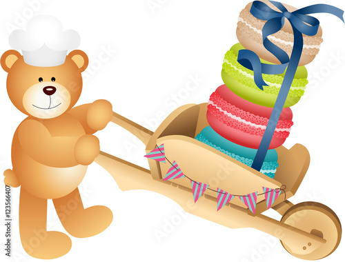 Teddy bear carrying macaroons
