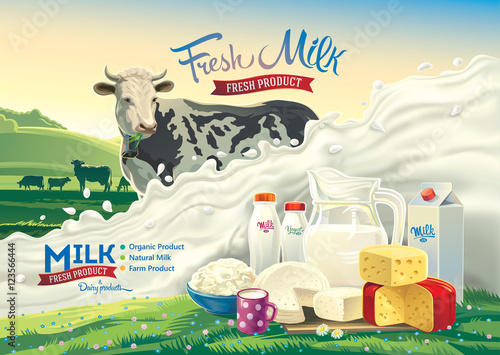 Vector illustration with a cow, a splash of milk and a set of dairy products: cheese, milk, yogurt, against the background of a rural landscape.