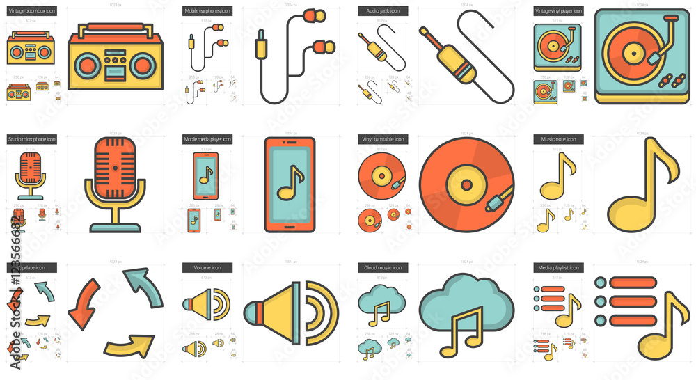 Music line icon set.