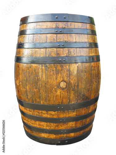 Old brown wooden barrel with iron rings isolated on white backgr