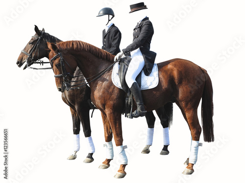 Dressage rider man and woman with two horses isolated on white
