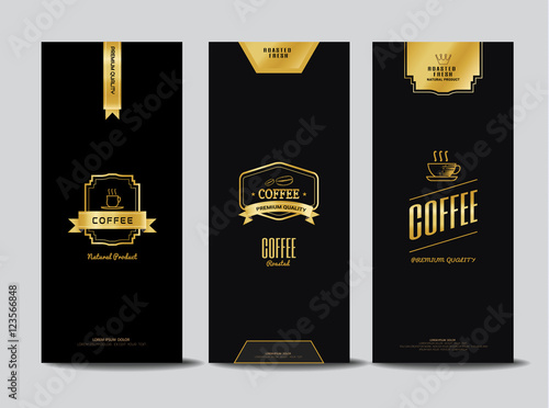 Packaging design for a coffee, Collection of design elements,labels,icon,frames, for packaging,design of luxury products.Made with golden foil.Isolated on black background. vector illustration