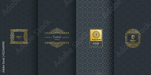 Collection of design elements,labels,icon,frames, for packaging,design of luxury products.Made with golden foil.Isolated on black background. vector illustration